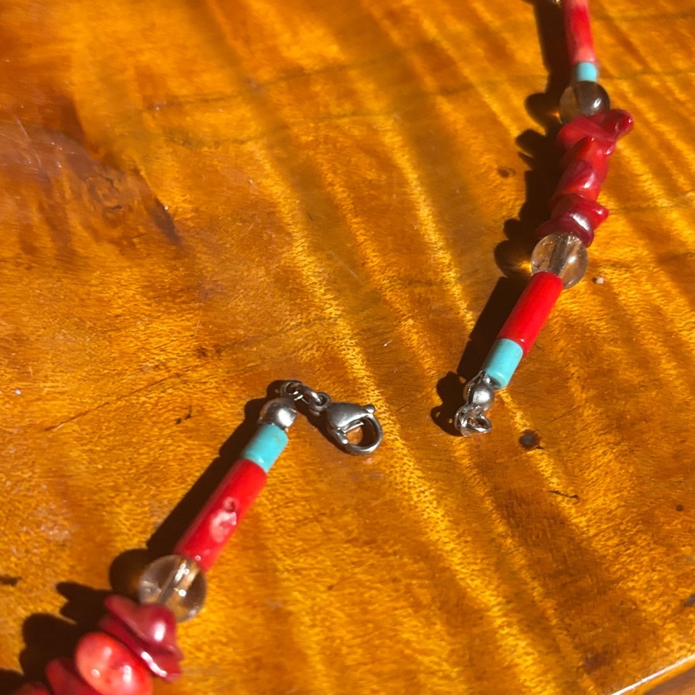 Vibrant Red and Turquoise Beaded Necklace with Pendant - Picture 4 of 4